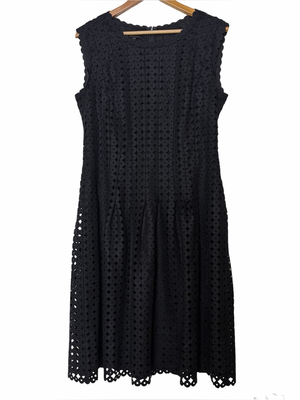 Escada black virgin wool eyelet sleeveless fit and flare dress